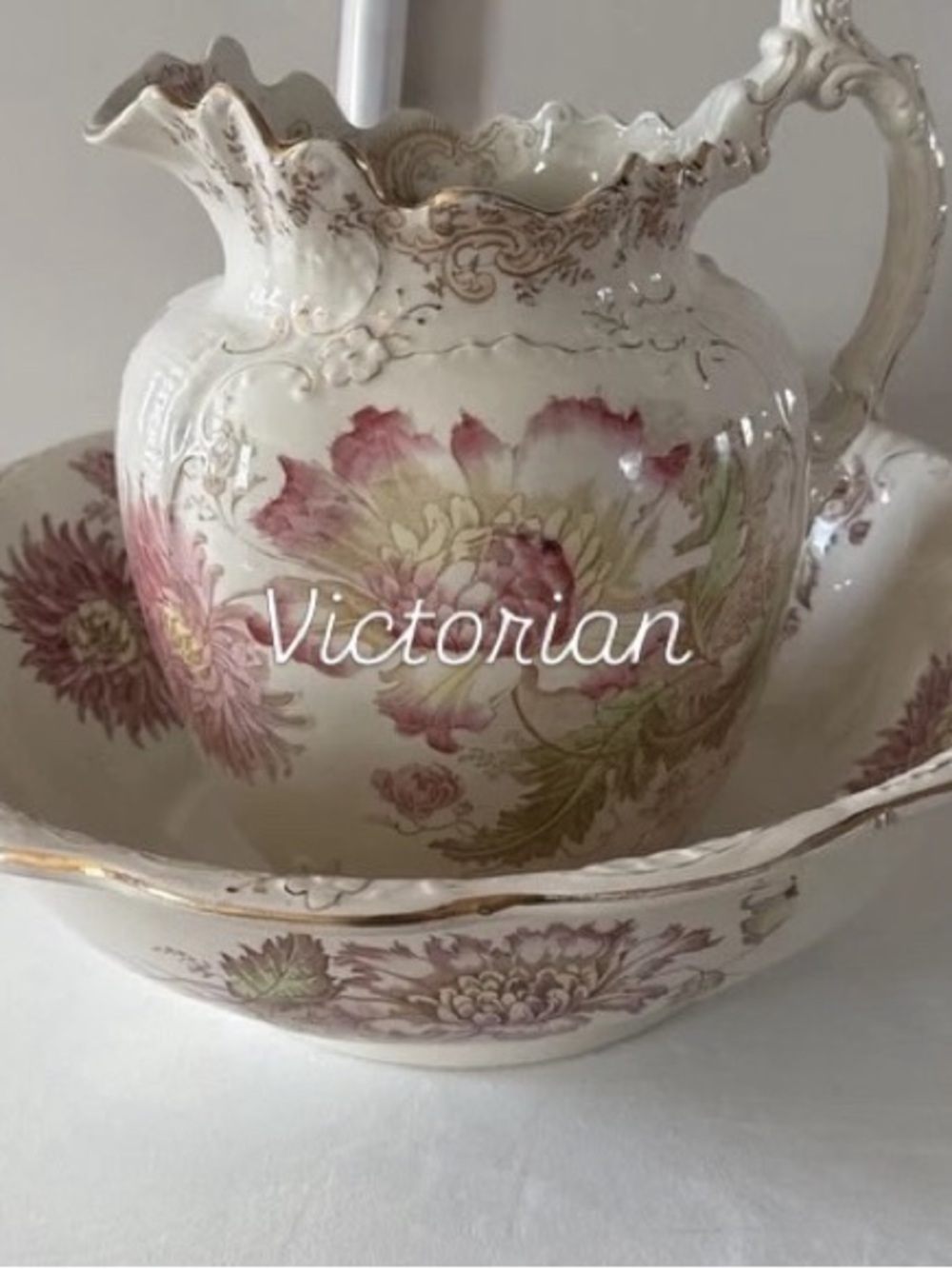 Antique 1894 Victorian Stamped "Chrysanthemum & Peonies Pitcher & 16.5" Basin